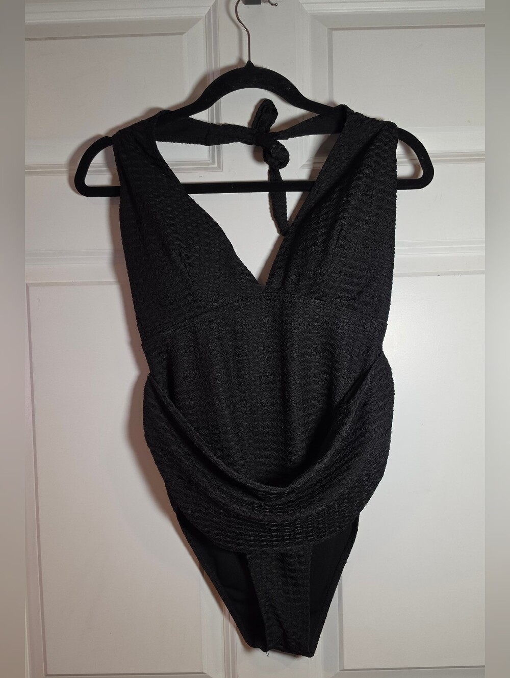Shein Black Textured Low Cut Halter One-Piece Swimsuit 1XL